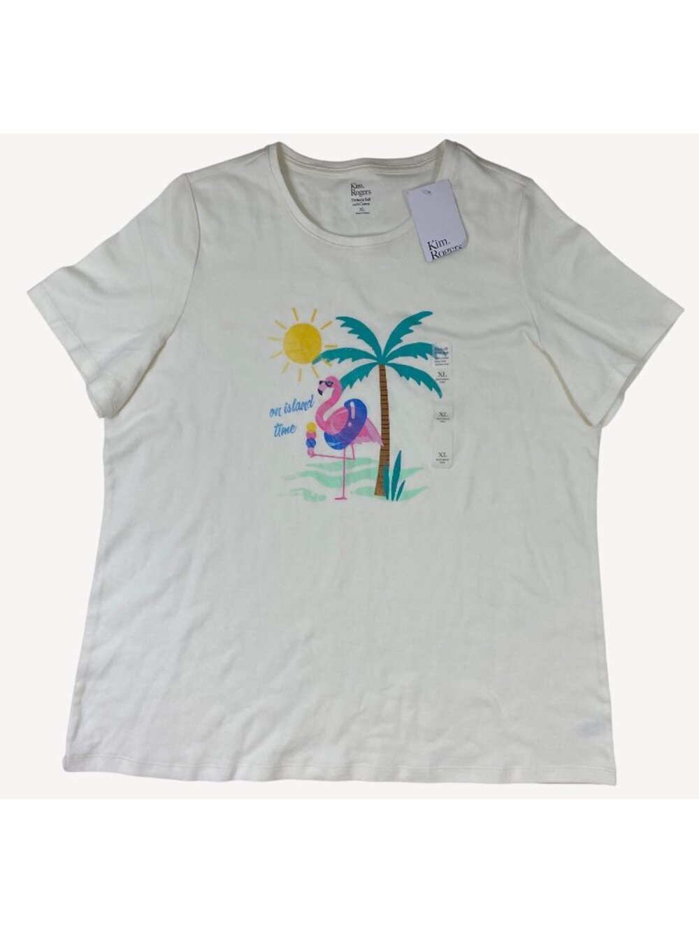 Kim Rogers Womens T-Shirt White Flamingo Graphic "On Island Time" Size XL